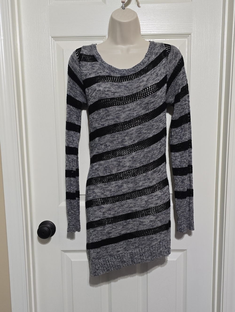 Asymmetrical Gray & Black Striped Knit Dress